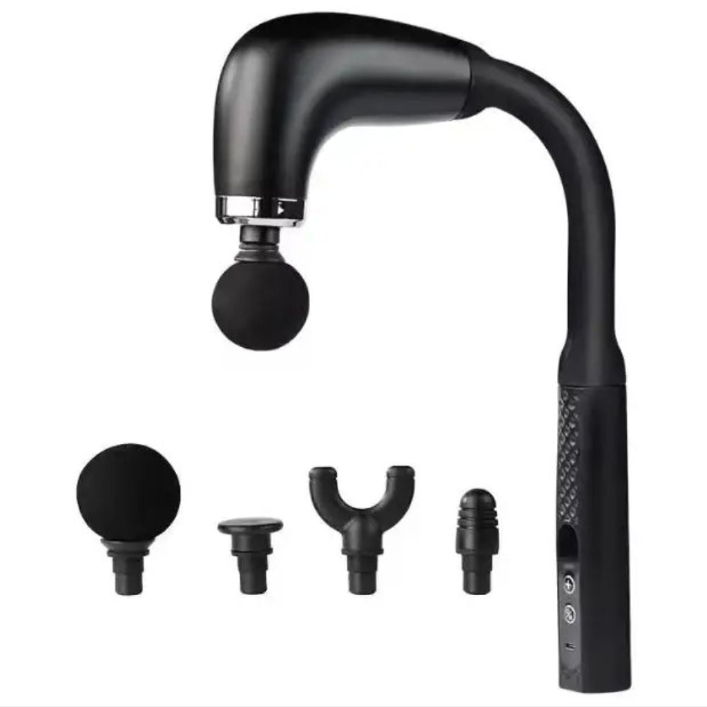 Packshot du pistolet de massage à percussion avec ses 4 têtes interchangeables alignées : bille, fourche, multi-doigts et cylindre