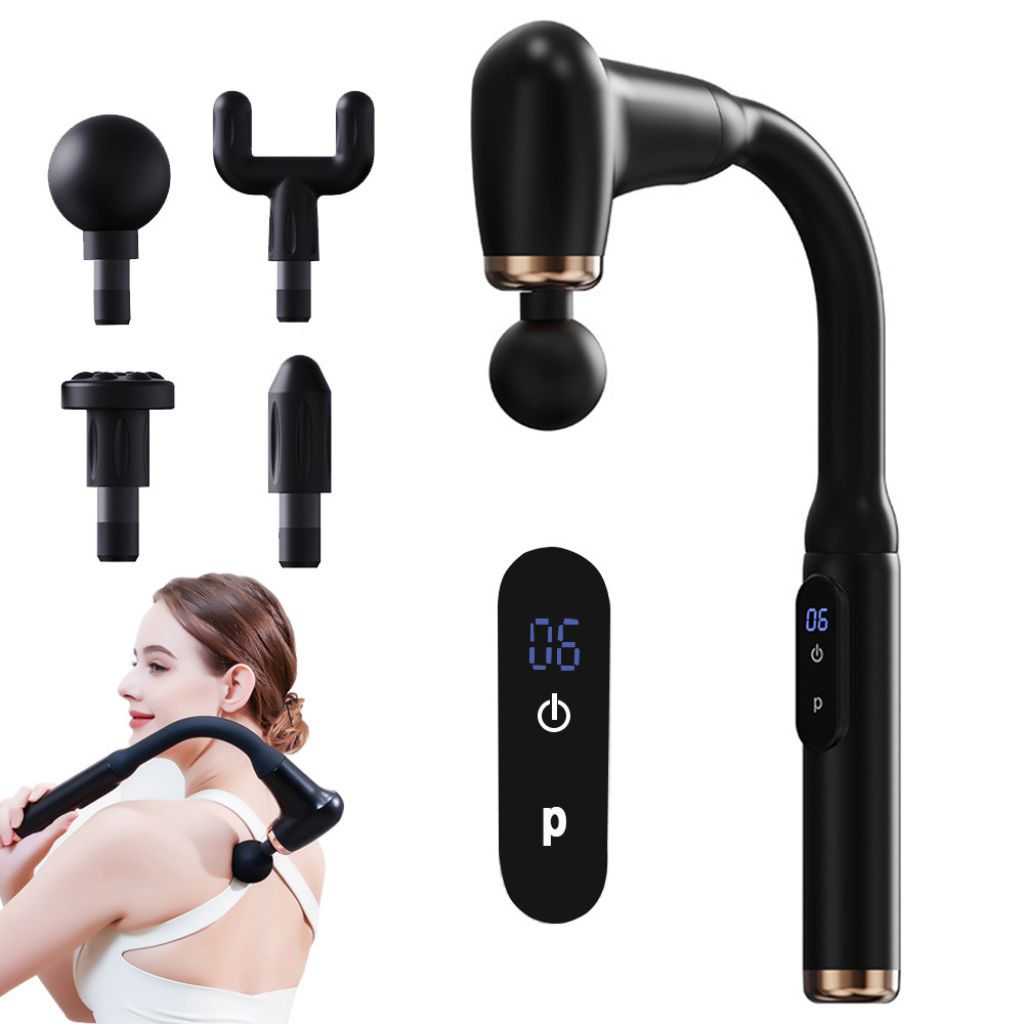 Écran digital du pistolet de massage affichant le niveau d'intensité, avec les 4 têtes interchangeables et une utilisation sur l'épaule en médaillon