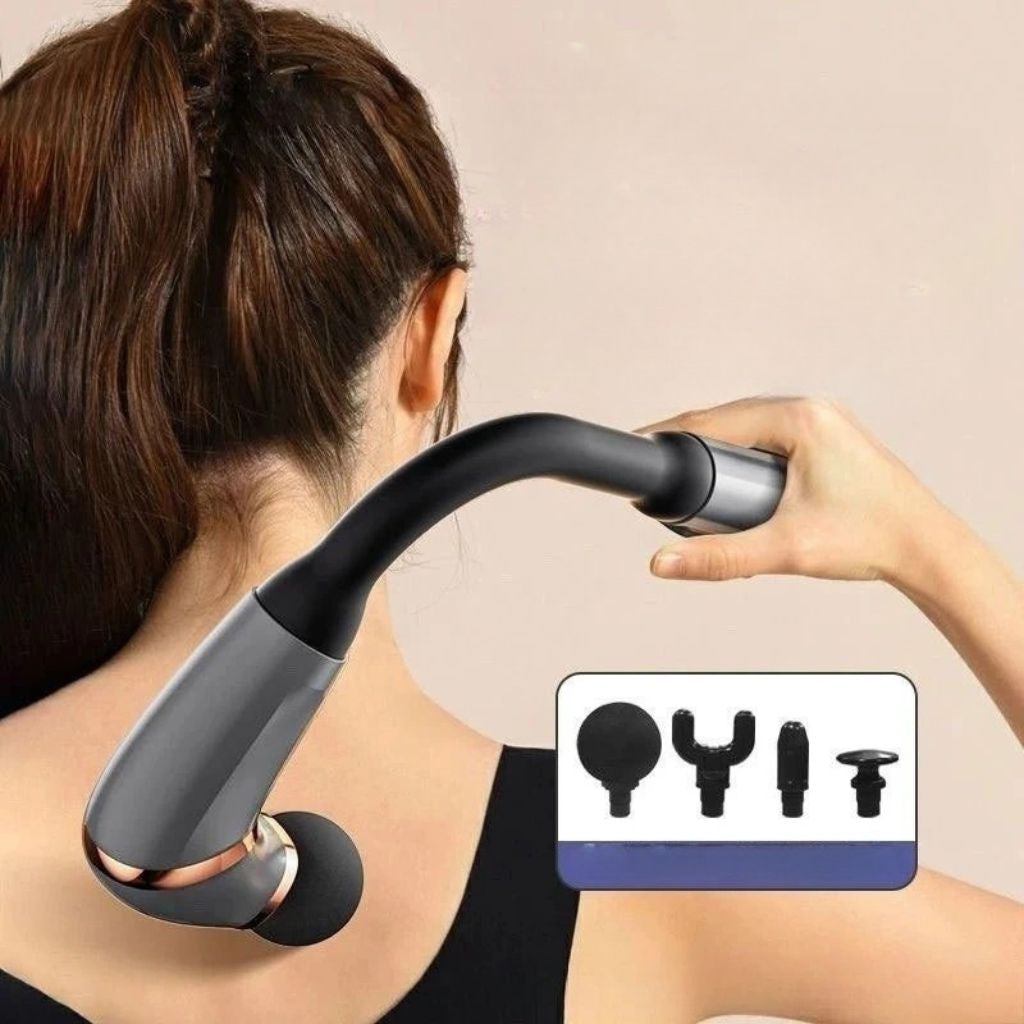 Femme de profil utilisant le pistolet de massage sur son omoplate, effet visuel de vibration 