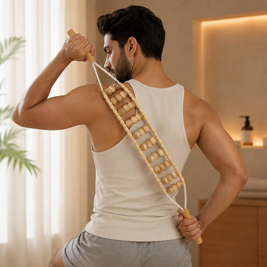 Gros plan sur les perles texturées en relief du rouleau de massage en bois positionné en diagonale sur le dos