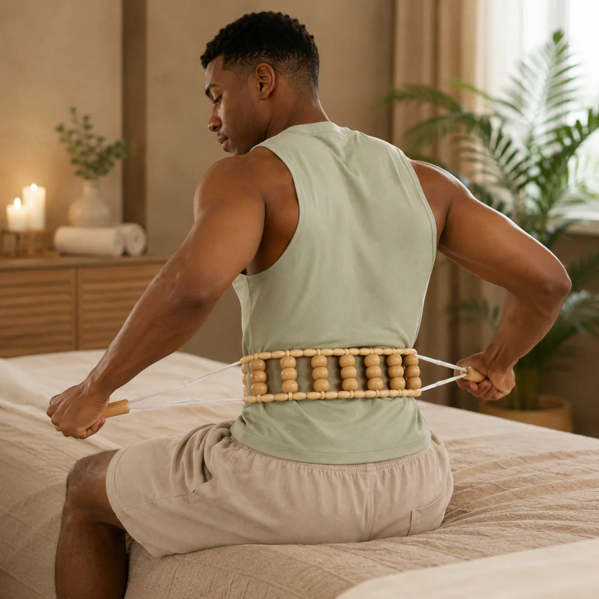 Homme de dos utilisant le rouleau de massage en bois sur le bas du dos, schéma du produit déplié en dessous montrant les cordes extensibles