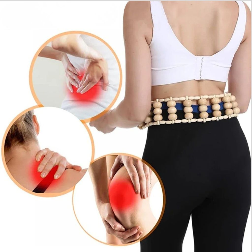 Femme utilisant le rouleau de massage en bois à la taille, médaillons des zones de douleur dos, nuque et genou en rouge